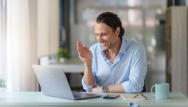 Online Connection: A relaxed man engages in a video call at home, demonstrating the ease and convenience of remote communication. Capturing a blend of modern lifestyle, work-life balance.