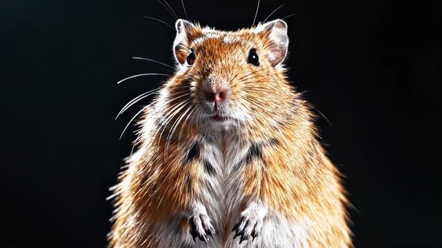 Close-up portrait of a light brown gerbil standing upright on its hind legs with paws raised against a black background, featuring wind-blown fur and long whiskers.