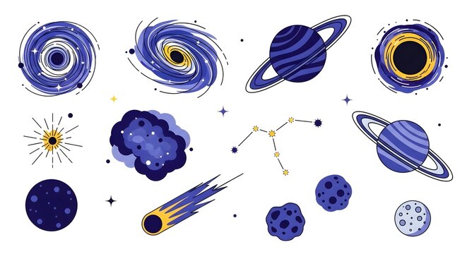 Collection of Space Objects, Including Galaxies, Planets, Stars, Black Holes, and Asteroids, Depicting the Vastness of the Universe