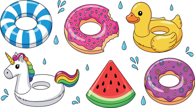 Colorful Inflatable Pool Float Set with Donut Rings, Rubber Duck, Unicorn Float, and Watermelon Slice for Summer Vacation Beach Party Designs