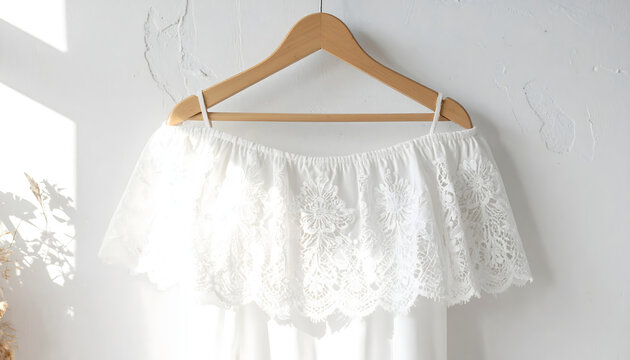 Off the shoulder top with floral lace overlay hanging on a vintage hanger against a sun bleached wall in daylight generative AI