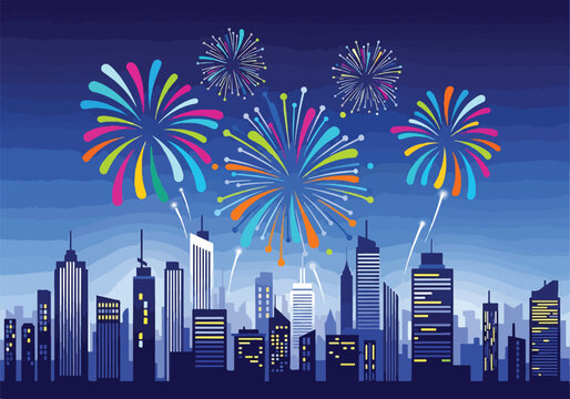 Colorful fireworks exploding over a city skyline