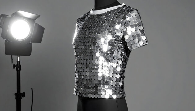 Crop top with silver circular sequins on a mannequin under focused spotlight creating glimmering star reflections and high energy sparkle generative AI