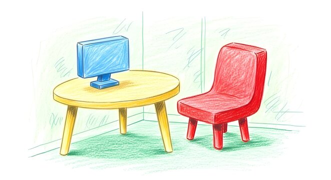 Yellow round table and red chair in green corner.