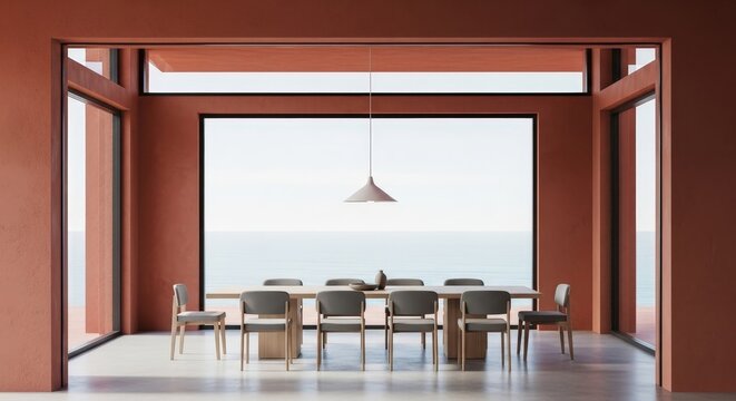 Modern Dining Room with Sea View and Minimalist Design in Warm Earth Tones