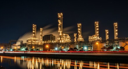 Fototapeta premium Nighttime Industrial Landscape with Brightly Lit Towers and Reflection in Water Body