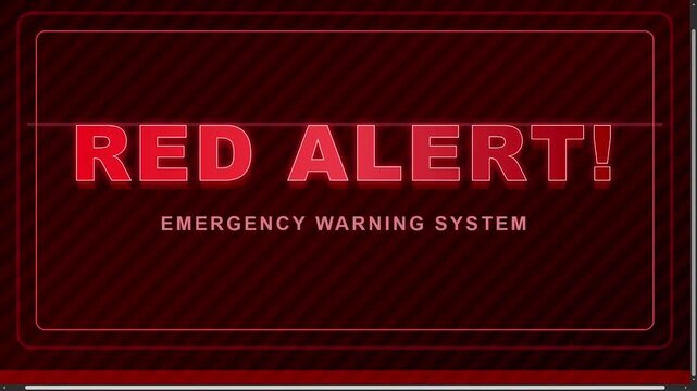 Red alert emergency warning system animation with glowing text on a dark striped background.