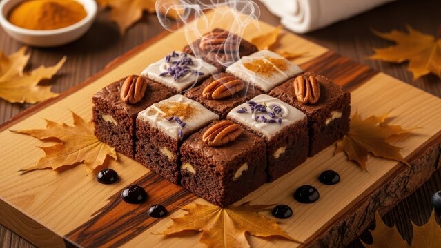Assorted gourmet brownies with pecans and lavender on a wooden board with autumn leaves