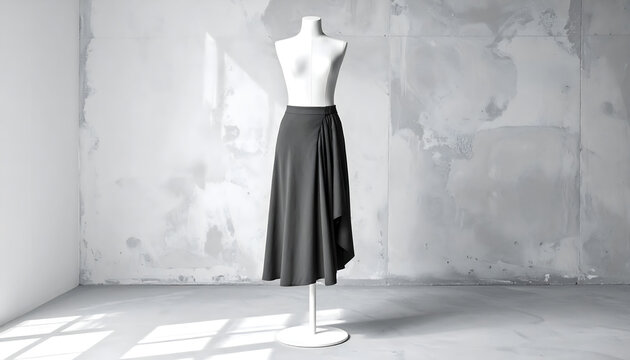 Midi skirt with asymmetric hem and draped wrap front on white mannequin in concrete studio with dramatic side lighting shadows generative AI