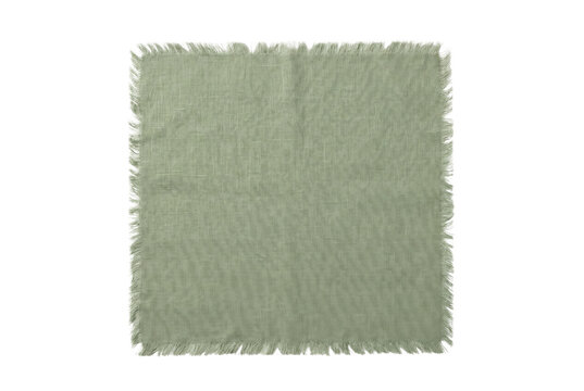 Green linen napkin top view isolated. Frayed edge textile mockup.