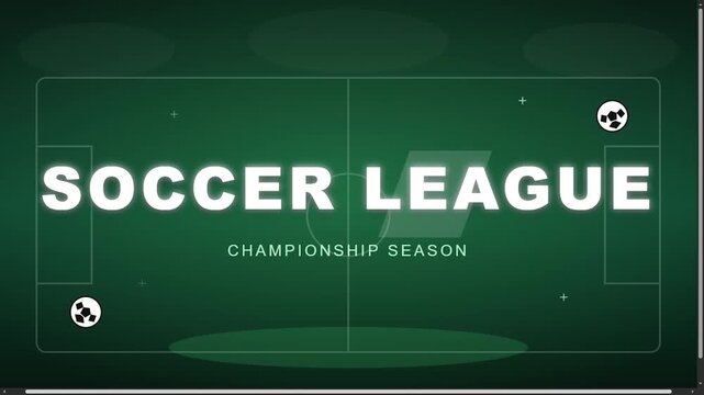 Soccer league championship season animation on a green soccer field background with motion graphics.
