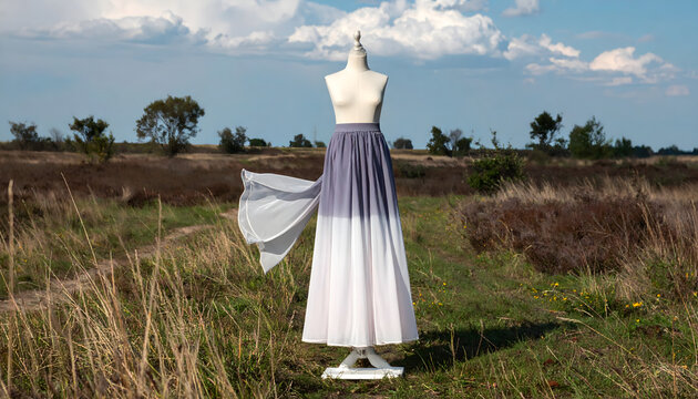 Mullet skirt with short front and long flowing back hem on ghost mannequin in airy field featuring sheer chiffon movement generative AI