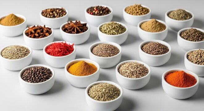 Assortment of Vibrant Spices and Herbs in White Bowls