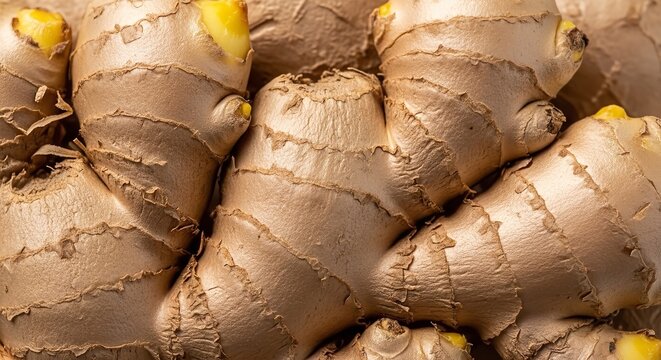 Fresh Ginger Roots Close-Up Macro Shot: Natural Spice and Healthy Ingredient