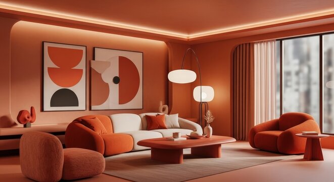 Stylish Modern Living Room in Warm Orange Tones with Contemporary Artwork and Furniture