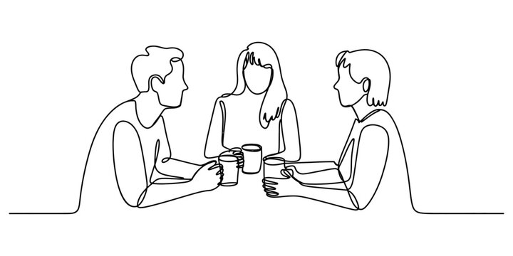 Three friends talking and drinking coffee together continuous line drawing