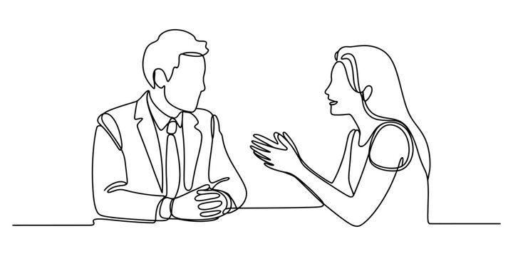 Businessman and businesswoman talking in a continuous line art style