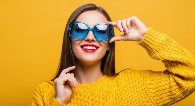 Young woman wearing oversized blue sunglasses and yellow sweater against vibrant background