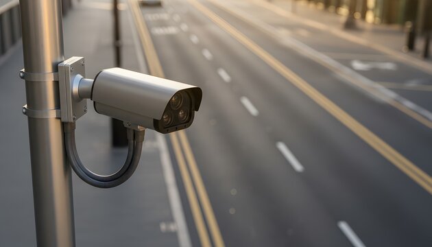 Modern bus lane camera post monitoring an urban road for traffic control and security concept, featuring smart city surveillance technology on a street