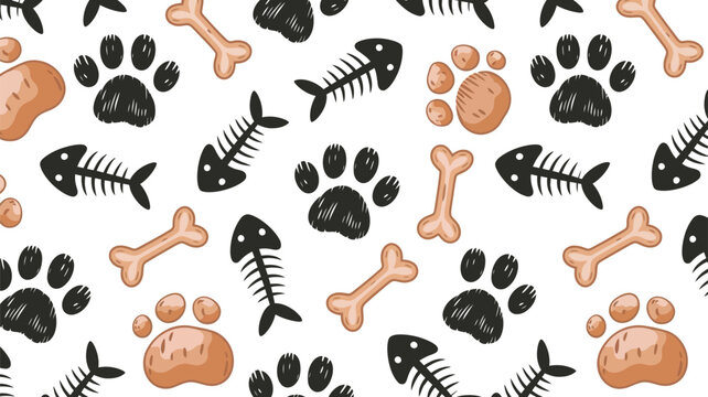 Cute pet dog cat paw print fish bone pattern art