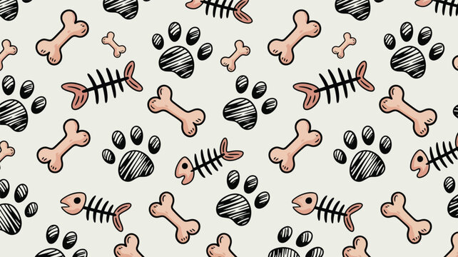 Cute Pet Pattern Bones Paw Print Fish Seamless Art