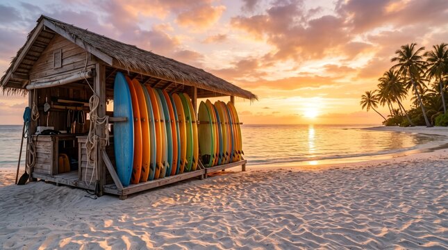 Tropical Beach Surfboard Shack at Sunset.