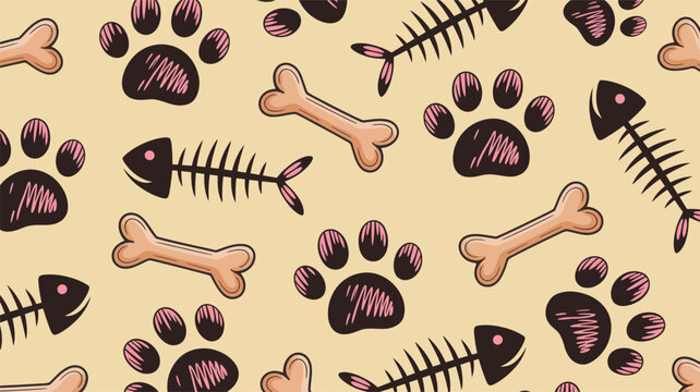 Cute pet animal dog cat paw fish bone pattern art