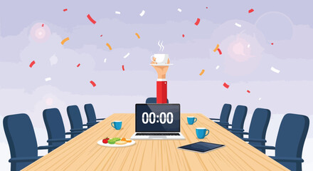 Naklejka premium A celebratory scene depicts a hand holding a coffee cup above a conference table with a laptop displaying 00 00 00