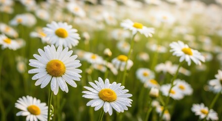 Obraz premium Fresh White Daisies in Bloom with Dew Drops on Petals in Natural Field Setting