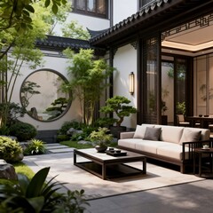 Fototapeta premium Traditional Chinese Courtyard Garden with Modern Furniture