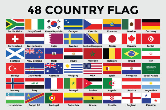 Flags set of 48 different countries. National Flag collection on a white background. 
