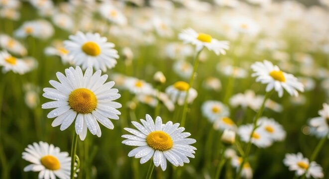 Fresh White Daisies in Bloom with Dew Drops on Petals in Natural Field Setting