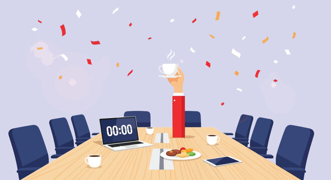 A celebratory scene depicts a hand holding a coffee cup amidst falling confetti in a conference room