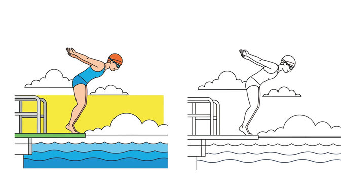 Swimming Pool Diving Board Illustration Set - Colored and Line Art Vector of a Woman Diver Preparing to Jump, Summer Sports and Outdoor Activity Concept for Design and Coloring Pages
