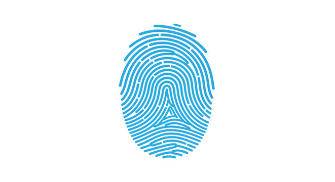A stylized blue fingerprint illustration against a clean white background representing identity and uniqueness