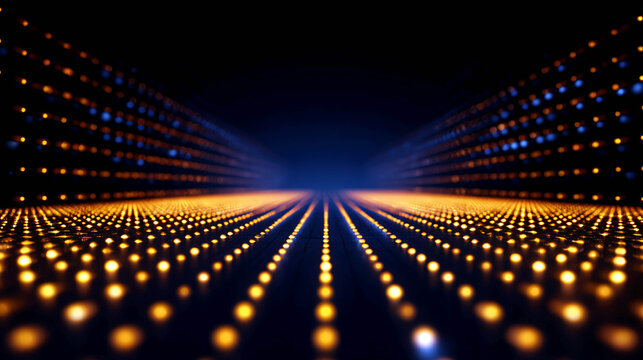 An abstract background with a perspective of glowing orange and blue LED dots stretching into the dark blue distance.