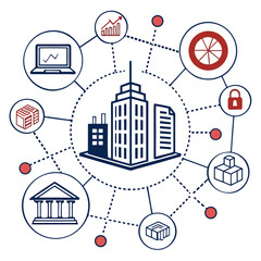 Obraz premium vector illustration of an economic ecosystem with building laptop and security icons connected by dotted lines high quality professional detailed modern elegant stylish clean crisp vibrant