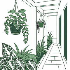 illustrated corridor interior with hanging and potted plants green and white tones high quality professional detailed modern elegant stylish clean crisp vibrant colorful digital creative innovative © shahin11