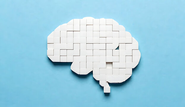 Block Mosaic Brain Design on Blue Background
