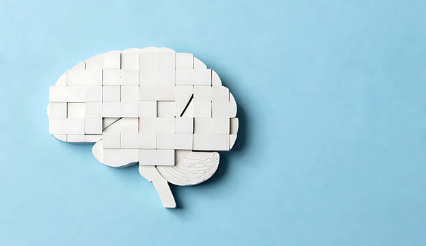 Block Mosaic Brain Design on Blue Background
