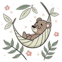 sleeping bear cub in a leaf hammock whimsical vector illustration with floral elements high quality professional detailed modern elegant stylish clean crisp vibrant colorful digital creative © shahin11