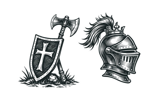 Medieval knight armor doodle vector illustration with helmet, shield, battle axe and crusader cross