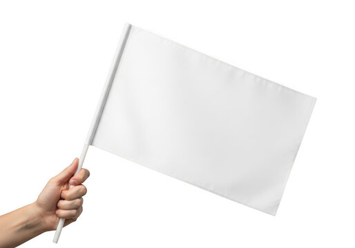 A hand holding a blank white flag against a plain background isolated on transparent background