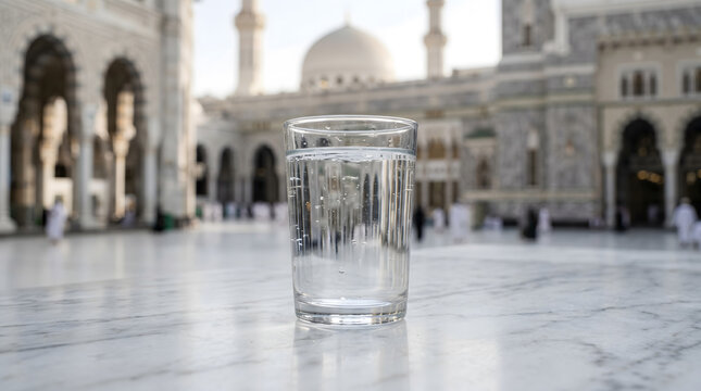 Glass of Holy Zamzam Water with Masjid Al Haram Background