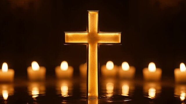 A glowing golden cross stands solemnly amidst warm candlelight on a dark, reflective surface, creating a spiritual mood.