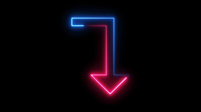 Down arrow glowing neon sign 4k animation video with alpha channel and icon design element for business web communication and internet countdown concepts
