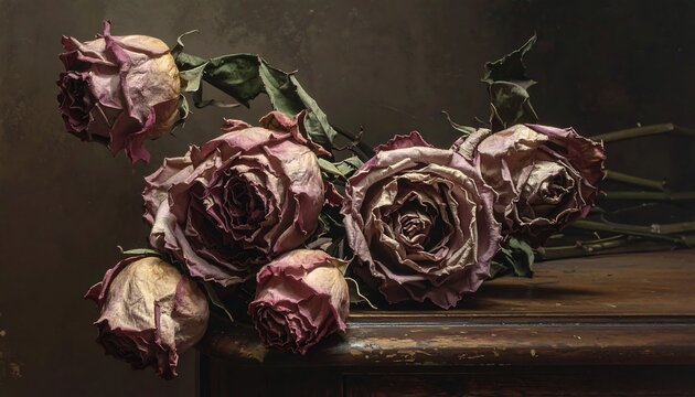 A still life of wilting roses on a wooden surface
