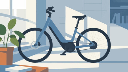 Fototapeta premium Cityscape with bicycle on road and isometric buildings flat vector illustration