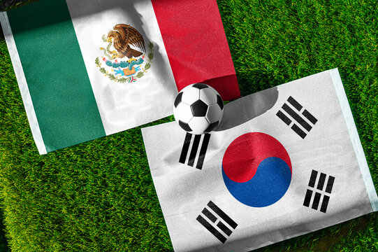 Mexico vs South Korea, national flags before world championship Group A group stage match, football on green pitch with goal in the background, Zapopan, Mexico, June 18, 2026