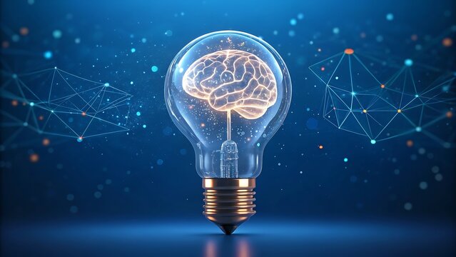 Glowing 3d wireframe human brain floating inside a light bulb representing artificial intelligence and innovation